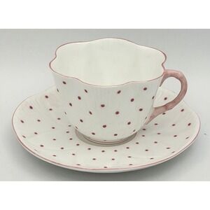 Shelley England Tea Cup Saucer Set White Pink Polka Dots Fine Bone China EUC